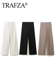 TRAFZA Women Fashion Vintage Solid Wide Leg Pants Elastic Waist Loose Casual Trousers For Woman 2024 Basic Pant