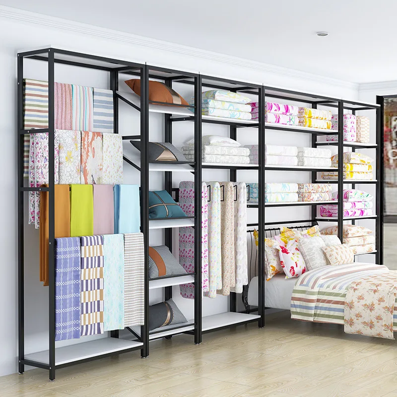 custom.Modern Home Textile Store Bedding Display Rack with Four Layers Metal Shelves Quilt and Pillow Storage