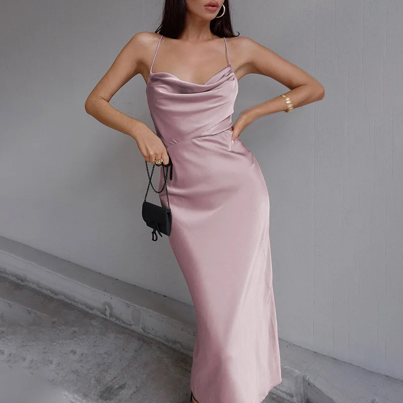 Jocoo Jolee Summer Elegant Backless Purple Satin Dress Straps Silk Sexy Bodycon Lace Up Female Dresses Chic Party Designer 2022