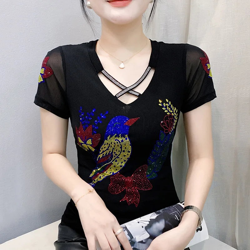 

New 2025 Summer Short Sleeved V-Neck Women's T-Shirt Fashion Casual Hot Diamond Knitted Mesh Tops M-3XL Black Tees