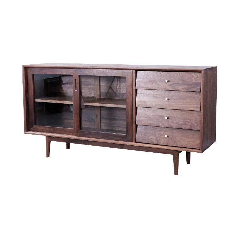 

Nordic style, black walnut, side cabinet, storage, glass sliding door, dining room, simple, solid wood, drawers