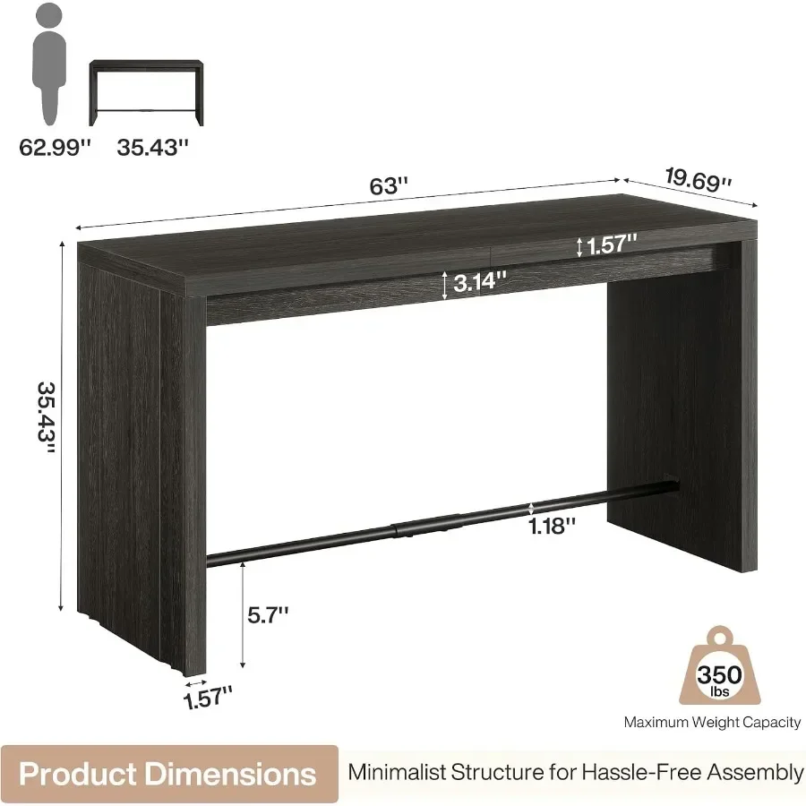 Bar Table, 63-Inch Modern Counter Height Pub Table with Metal Footrest, Rectangular High Bar Dining Table, Home Bar Unit for Ki