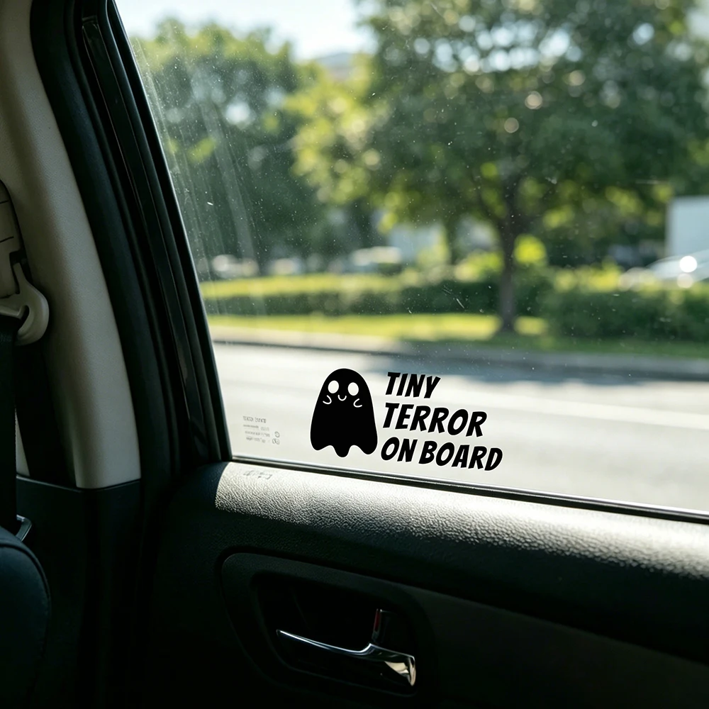 Tiny Terror on Board Car Stickers Halloween Vinyl Art Decals Funny Ghost Baby on Board Sticker for SUV, Van, Car Window Decor
