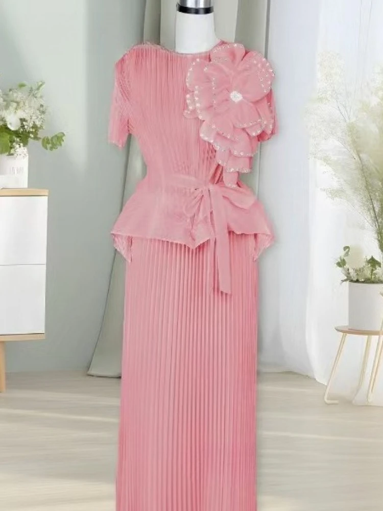 Miyake Pleated African Flower Top Set Embellished with Loose Temperament Elegant Solid Color Women's Two-piece Set