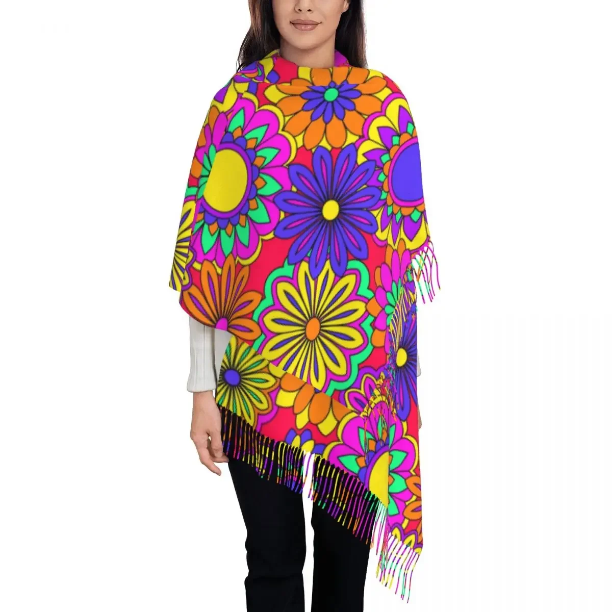 Psychedelic Print Scarf Groovy Flower Power Outdoor Shawls and Wraps with Long Tassel Female Large Scarves Winter Custom Bufanda