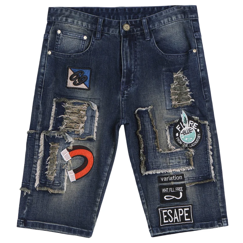 Summer Motorcycle Denim Shorts Men's Personalized Ripped Retro Cropped Pants Embroidered Patch Street Fashion Stretch Pants