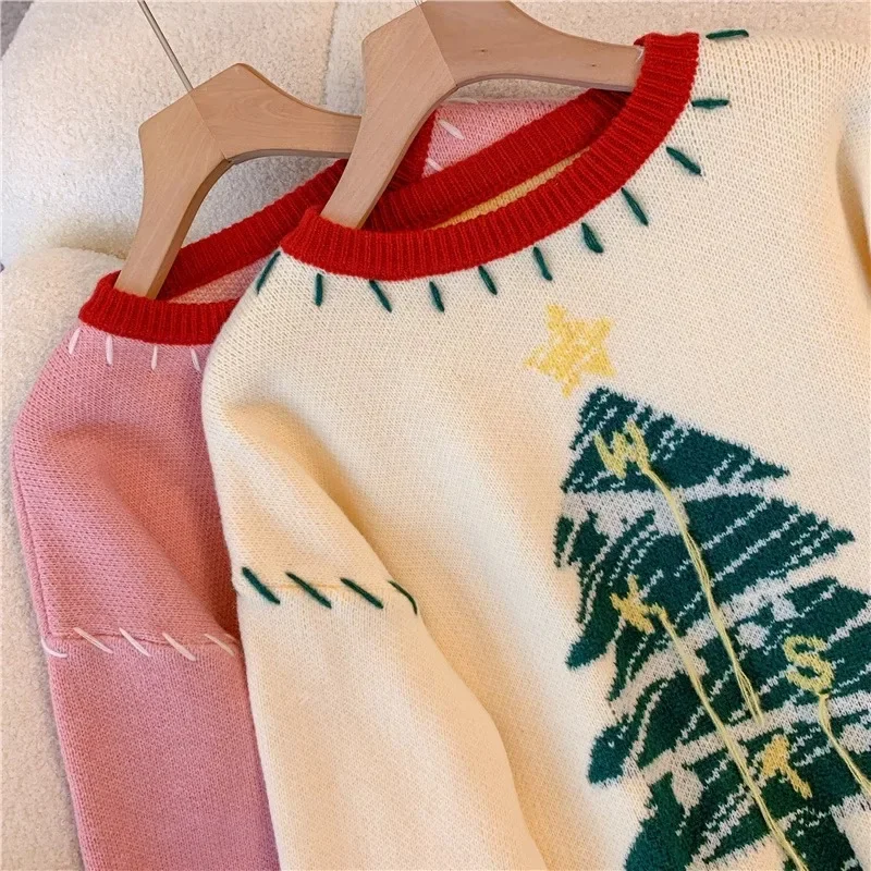 DAYIFUN-Christmas Tree Tassel Design Sweaters Women Autumn Winter Round Neck Contrast Knitted Pullovers Soft Jumpers Top Fashion