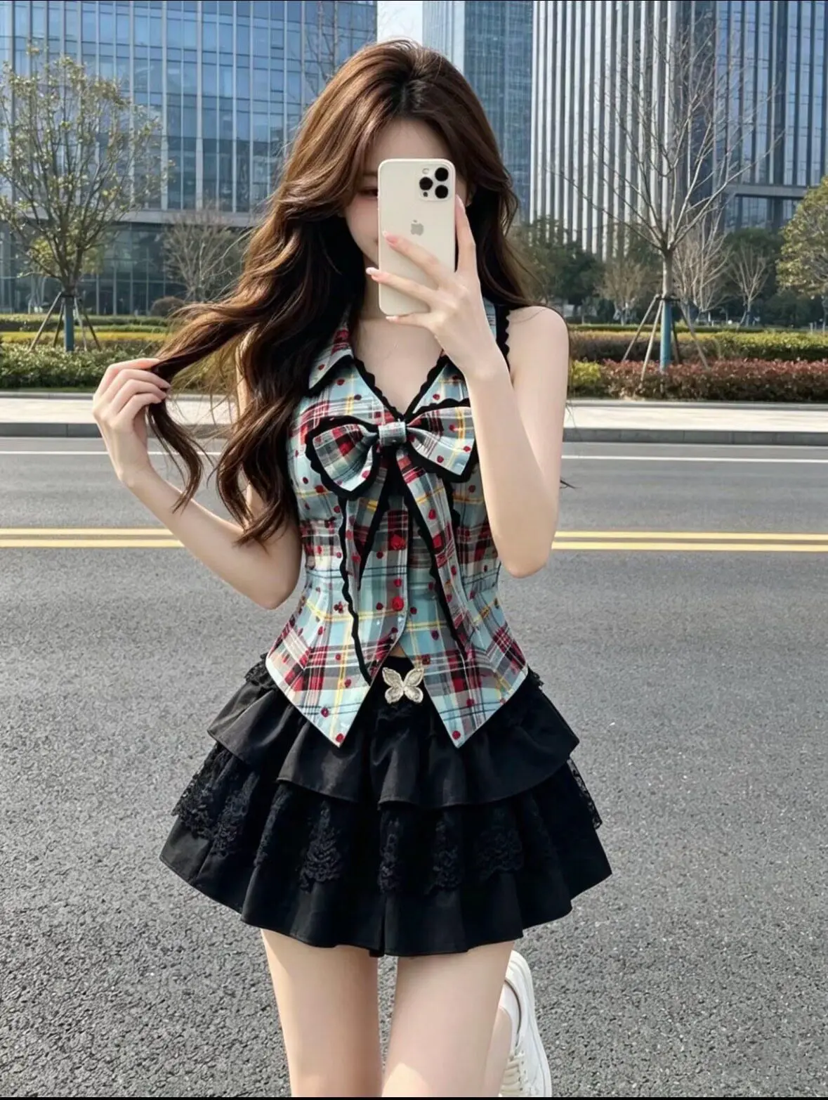 

Summer Knot Plaid Top Skirt Set Women's Fashion Slimming Age-Defying Puffy Skirt Two-Piece Set Breathable Polyester