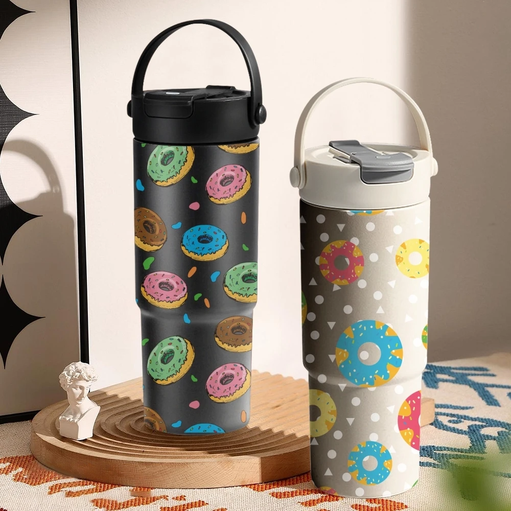 

Colorful Donut Design Pattern Vacuum Flasks 700ml Ceramic Lined Vacuum Insulated Tumbler with Tea Infuser & Hidden Straw