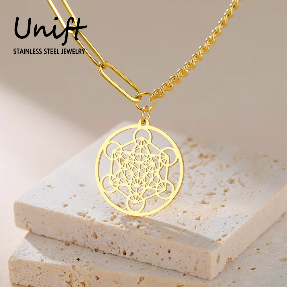 Unift Metatron kalung rantai ganda liontin kubus untuk wanita hadiah perhiasan Archangel segel geometri Kudus Vintage baja tahan karat