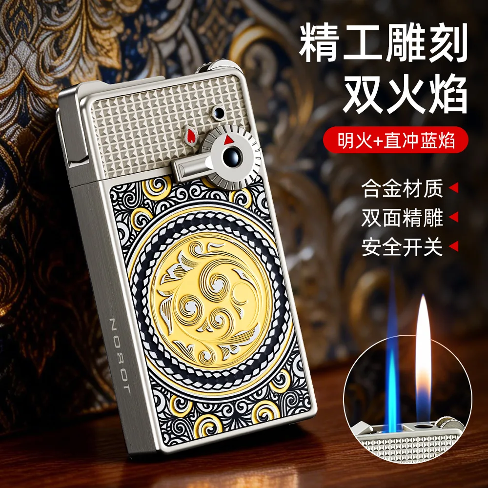 Double Flame Butane Lighter Creative Side Sliding Grinding Wheel Ignition, Personalized High-end Business Gift, Birthday Present