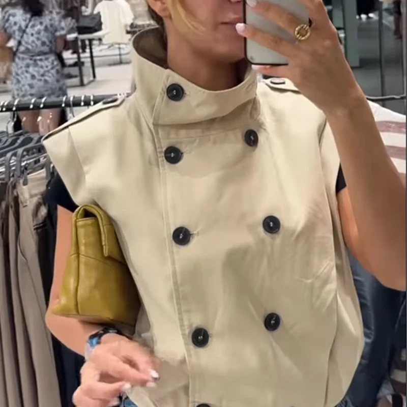 2026 Ladies Beige Sleeveless Cropped Vest High Collar Double Breasted Waistcoat For Office Dating Casual Street Weekend Layering