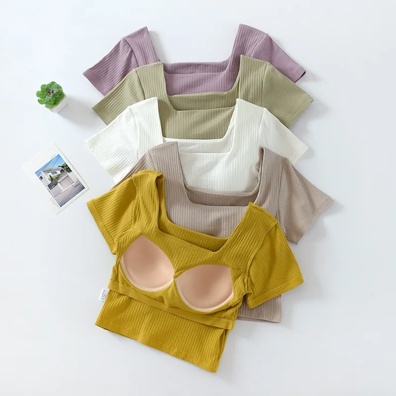 

2024 New Women's Short Sleeve Tank Tops With Chest Pad Summer One Piece Casual Square Neck Crop Top With Built In Bra T-shirt