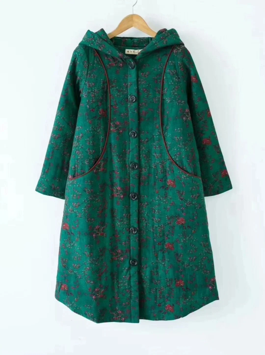 Women's winter coat Vintage jacquard weave Long padded Chinese style warm New outerwear jacket Green hooded hot coats