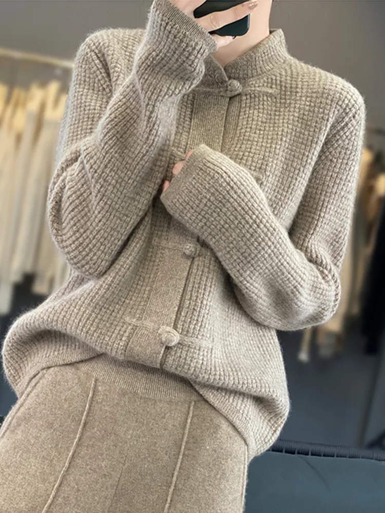 

Thiened Woolen Knitted Cardigan Women's Coat Stand Collar eep Camere Autumn Winter Faion Outerwear Traditional Sle