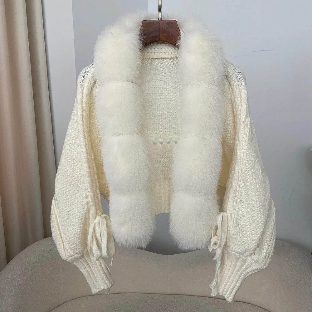 New Knitting Cardigan 2024 Winter Women Knitted Jacket with Natural Fur Placket Coat Casual Real Fox Fur New Fashion Short Warm