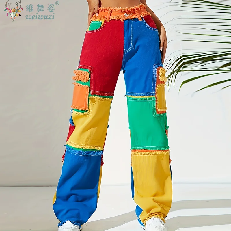 Y2K-pantalones vaqueros coloridos desgastados para mujer, pantalones vaqueros de cintura alta, ropa de calle holgada con bloques de Color, Vaqueros rectos de hip hop frescos energéticos