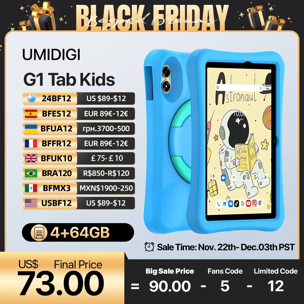 UMIDIGI G1 Tab Kids Tablet 10.1 بوصة للأطفال أقراص أندرويد 13 رباعية النواة WIFI 6 8MP كاميرا 6000mA 4GB 64GB للتعلم