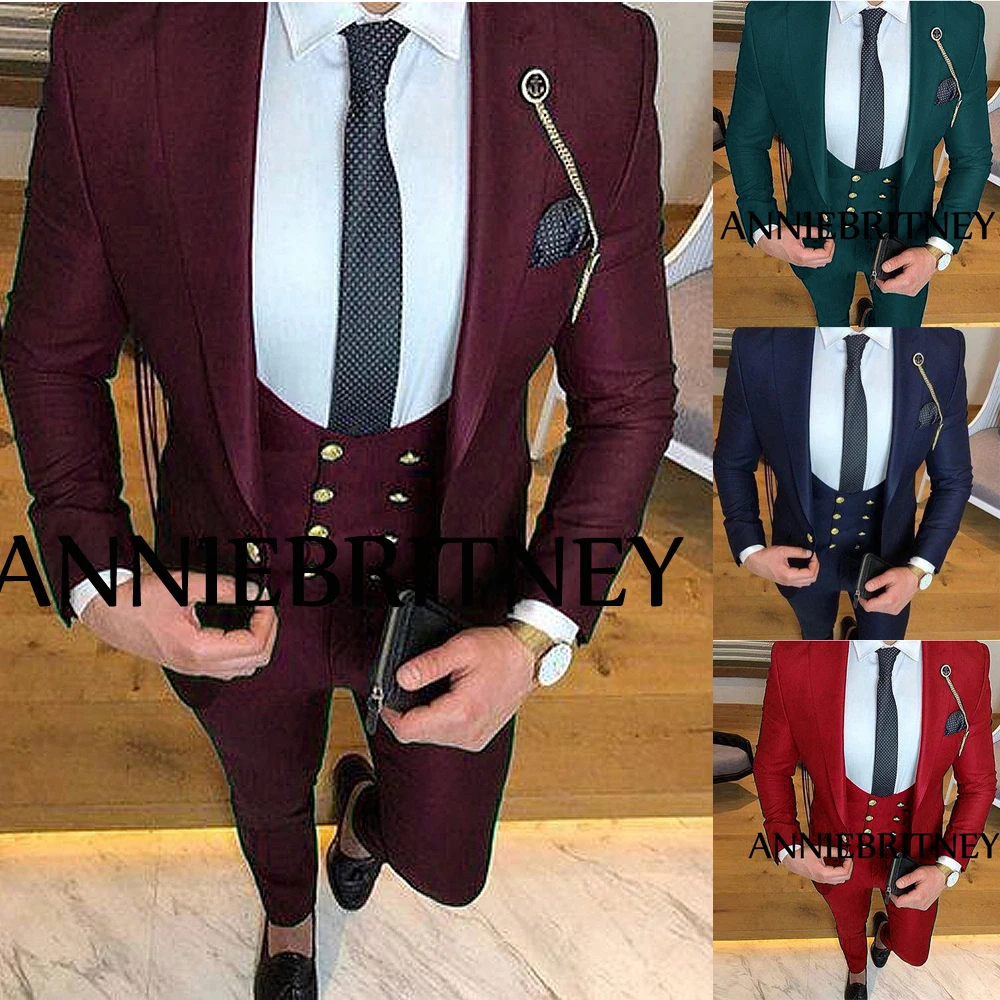 

Latest Design Groom's Suit For Wedding 3 Piece Suit Slim Fit Burgundy Blazers Set Costume Homme Luxury Gold Button Custom Made