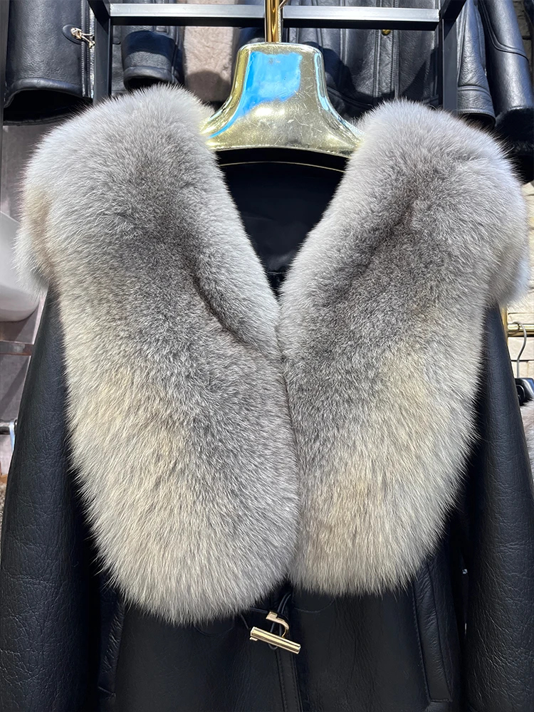 2023 Winter Women Natural Merino Sheep Fur Coat Real Genuine Leather Jacket Real Fox Fur Collar Thick Warm Luxury Female Coats