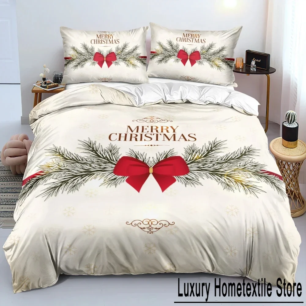 3D Merry Christmas White Bedding Sets XMAS Duvet/Quilt Cover Set Polyester Comforter Cover King Queen Full Twin Red Bow Beige