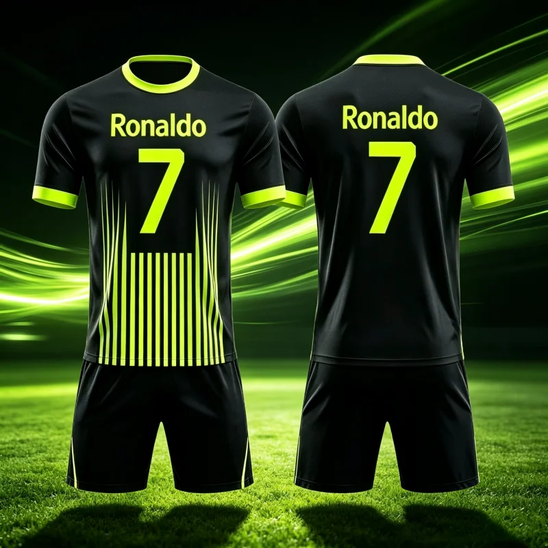 Summer New # Ronaldo # 7 Colorful Gradient Football Jersey Casual Short Sleeved T-shirt and Shorts Set Sports Family Kids Tees