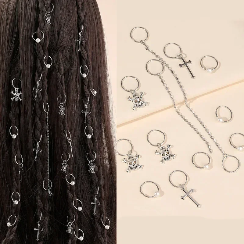 15 قطعة مزيج الفضة سحر الشعر جديلة Dreadlock الجمجمة الصليب اللؤلؤ خواتم الشعر منفعل نمط ل أدوات التصميم DIY بها بنفسك