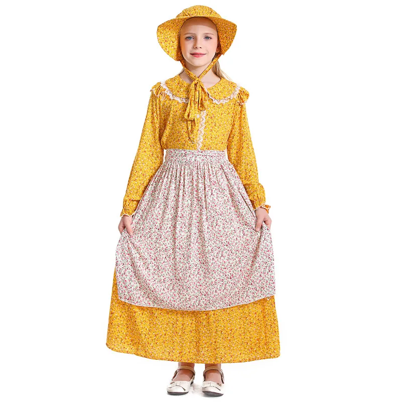 Kid Halloween Cosplay Pioneer Prairie Floral Colonial Dresses