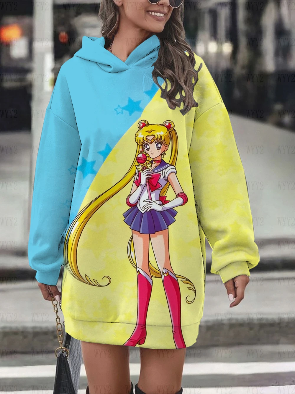 New Sailor Moon print loose sweatshirt hot sale women's autumn and winter street casual comfortable hooded skirt dress