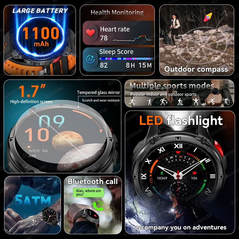 2026 جديد في الهواء الطلق 1100mAh بطارية كبيرة SmartWatch الرجال GPS Trackr البوصلة مصباح يدوي مقاوم للماء بلوتوث دعوة الرياضة Smartwatch