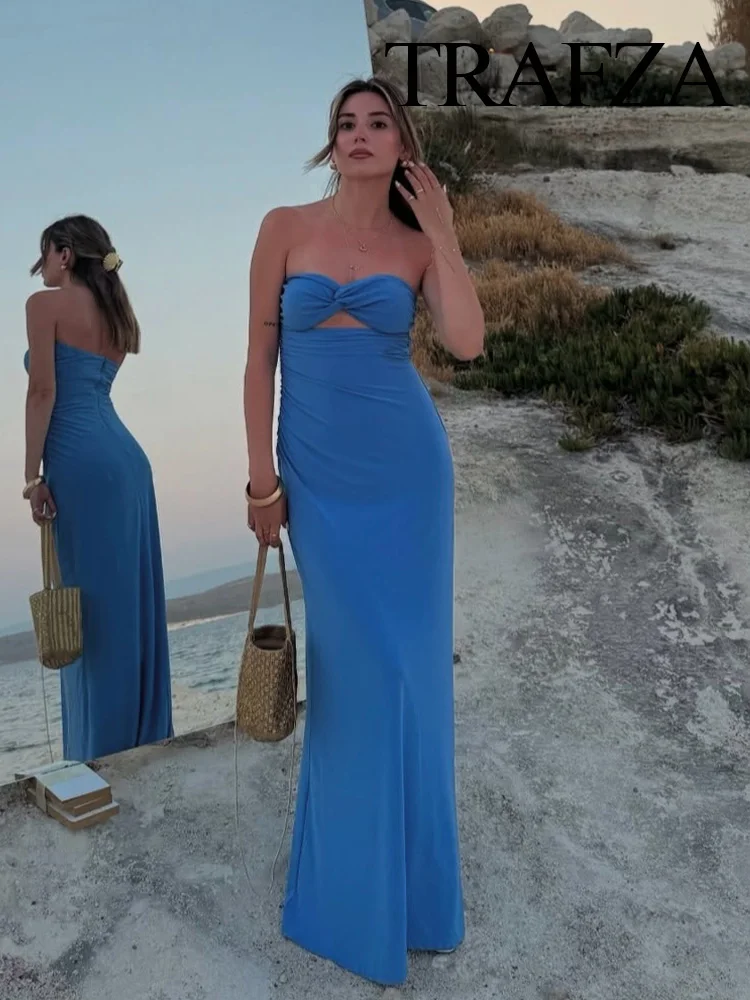 

HH Women Summer Fashion Back Zipper Sexy Pleated Sleeveless Dress Female Chic Backless Open Design Beach Tube Top Long Dress
