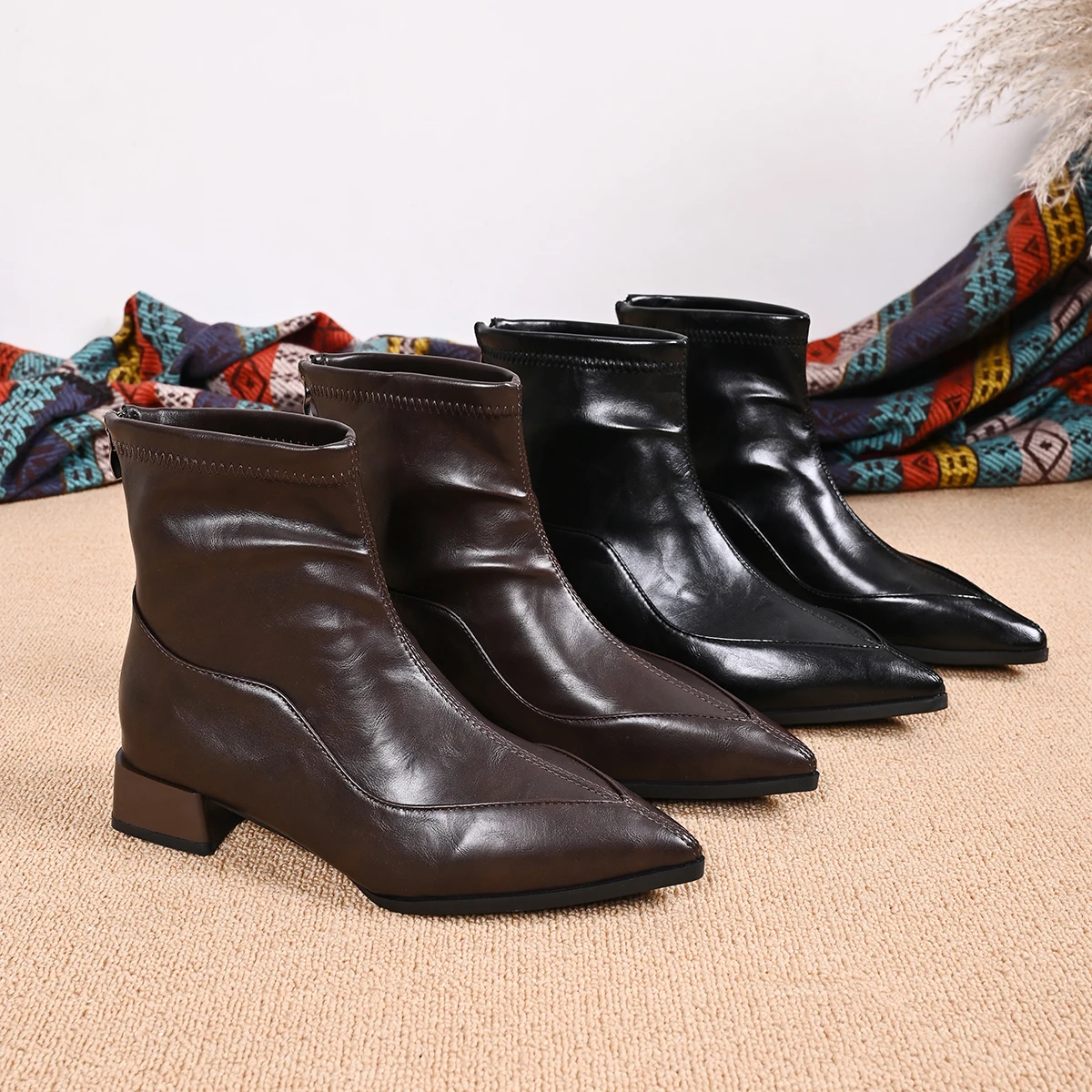Retro Pointed Toe Brown High Heel Short Boots Women's Thin Versatile Medium Heel Slim Boot Women's Leather Boot Winter Boot