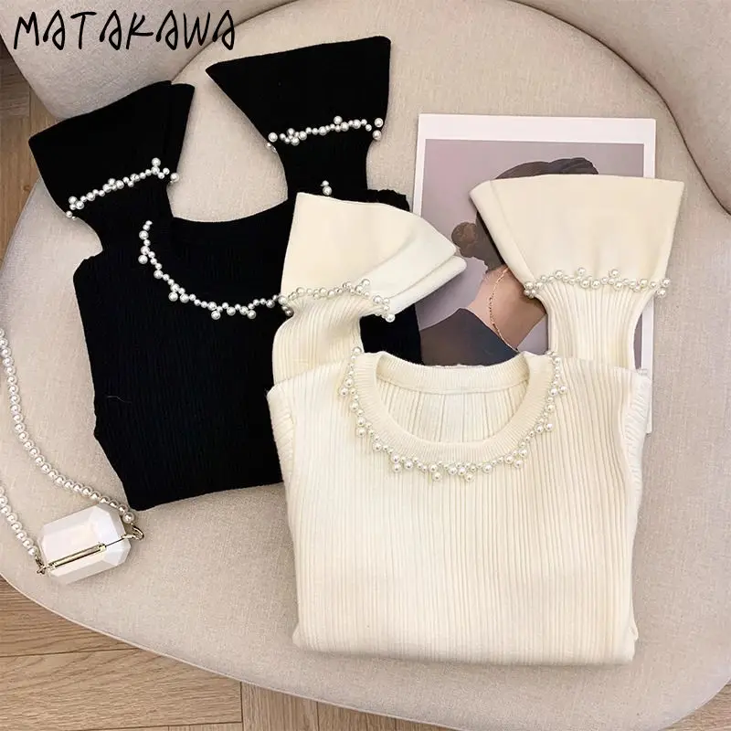 Matakawa Beading Flare Sleeve Women Sweaters Solid Korean Fashion Elegant Pull Femme Autumn Winter Sweet Retro Pullovers