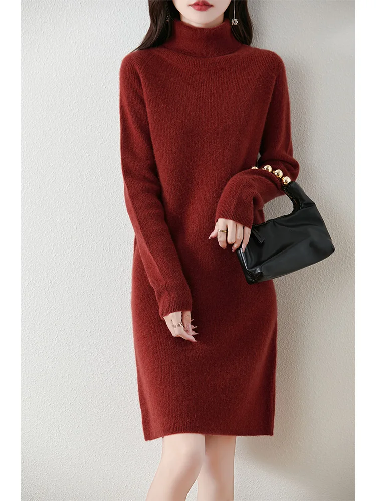 Women\'s Pure Wool Knitted Long Dress, High Collar, Loose, Thickened, Elegant, Casual, Fashionable, Sweater, 2024 Autumn/Winter