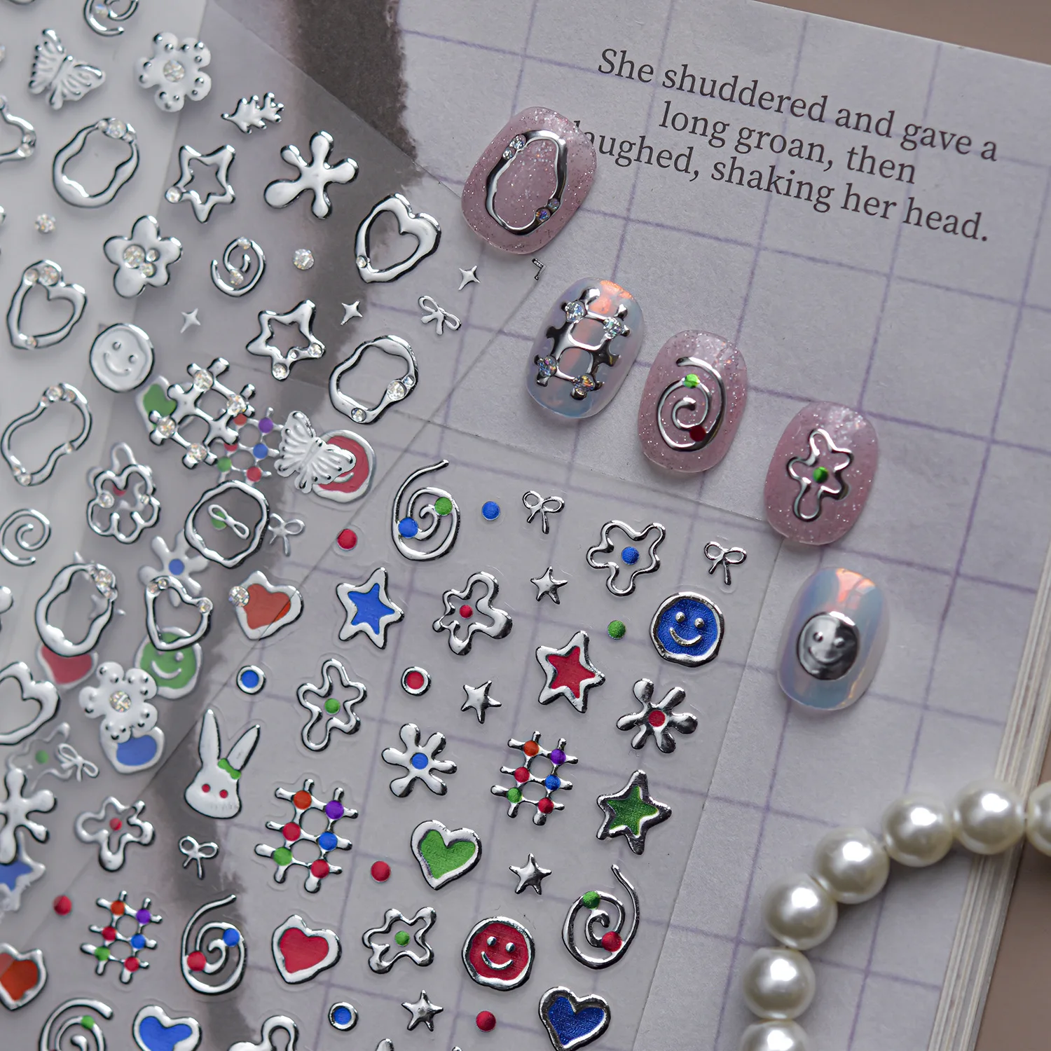 Silver Metal Star Heart Shaped Shape Nail Stickers Cute Butterfly Rabbit Bowknot Self-adhesive Nail Design Stickers DIY Decals view 4