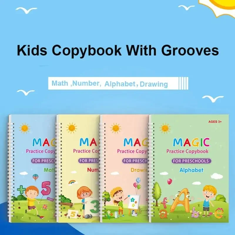 4 Books Reusable Calligraphy Copybook Learning Alphabet Painting Arithmetic Mathematics Kid\'s Handwriting Practice Book Baby Toy