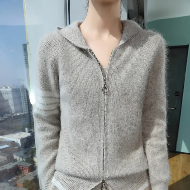 Autumn winter New 100% Mink Cashmere Sweater Women's Knitted Zipper Hooded Cardigan Casual Loose Oversized jacket Fashion Korean