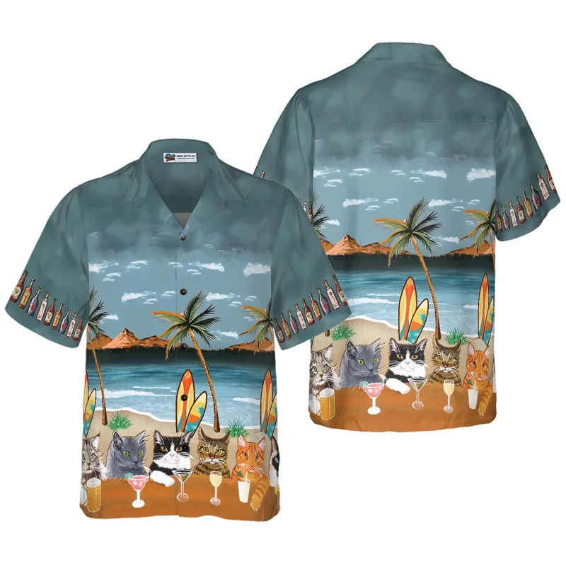 Grappige Kat Hawaiian Shirt Mannen En Vrouwen Kleding Zomer Mode Street Korte Mouw Revers Tops Kind Schattige Vakantie Strandshirts