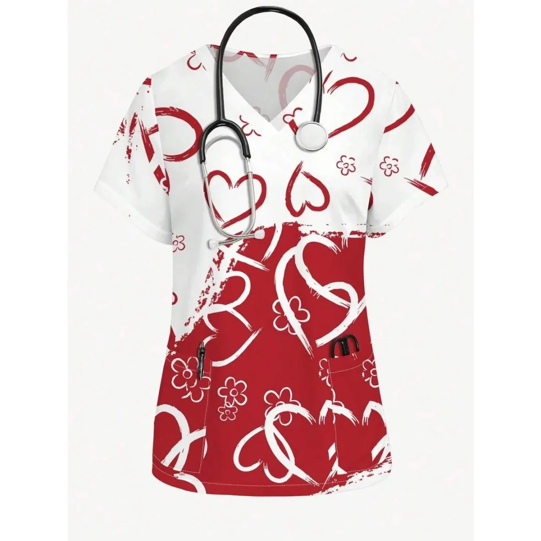 Vestido Clínico Feminino 2026 com Estampa de Desenho Animado, Decote em V, Manga Curta, Confortável e Moderno – Blusa Feminina para Enfermeiras e Cirurgias