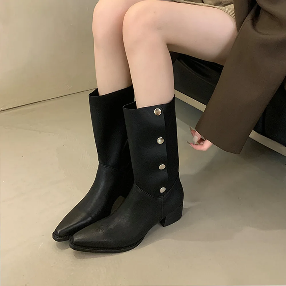 Short boots 2025 autumn new soft leather brushed boots, metal hidden buckle foldable two-piece retro thick heel western boots