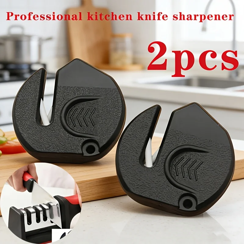 2-Piece professional kitchen knife sharpener, mini portable knife sharpener, kitchen knife sharpening tool, diamond ceramic sharpening stone, lightweight and compact, anti slip handle