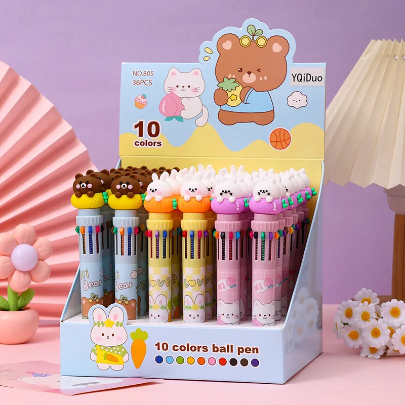 36pcs Kawaii Cute Animal Cartoon 10 Colors Retractable Ballpoint Pen 0.7 Mm Multicolor Pen For Journaling Office Stationery Gift