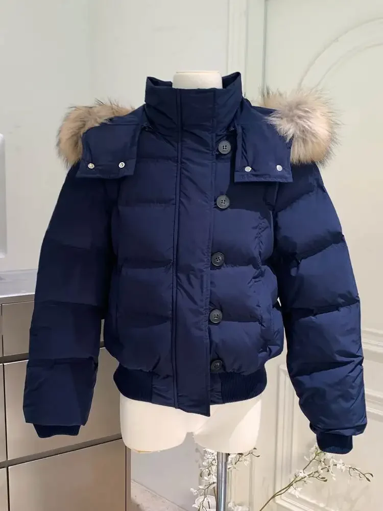 

Female Cropped Puffer Bubble CoatAutumn Winter Fur Hooded Jacket Women Outerwear Thick Dowon Cotton Padded Slim Short Parkas
