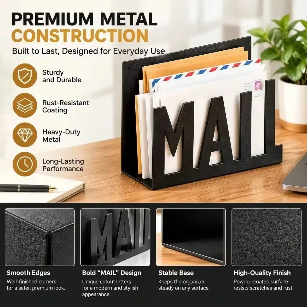 Sturdy Black Iron Mail Holder, One Piece Metal Letter Organizer With Modern MAIL Cutout Design, Rigid Desktop Storage For Envelopes, Documents, Receipts And Home Office Organization