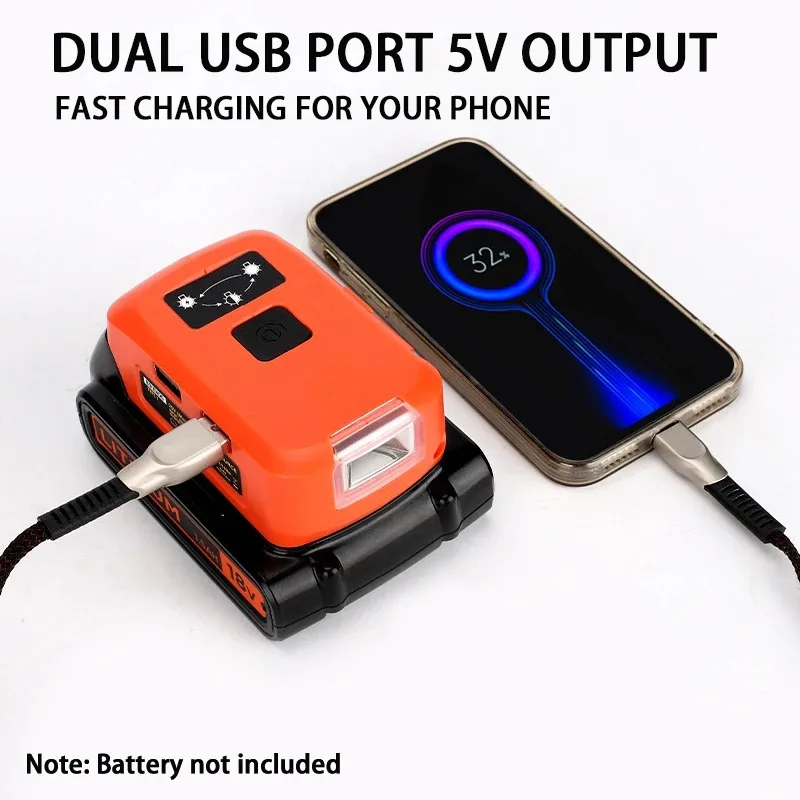 Battery Adapter for Black&Decker 4.4-20V Max Lithium Battery,USB Phone Charger Led Work Light with Dual USB Charger 12v DC Port