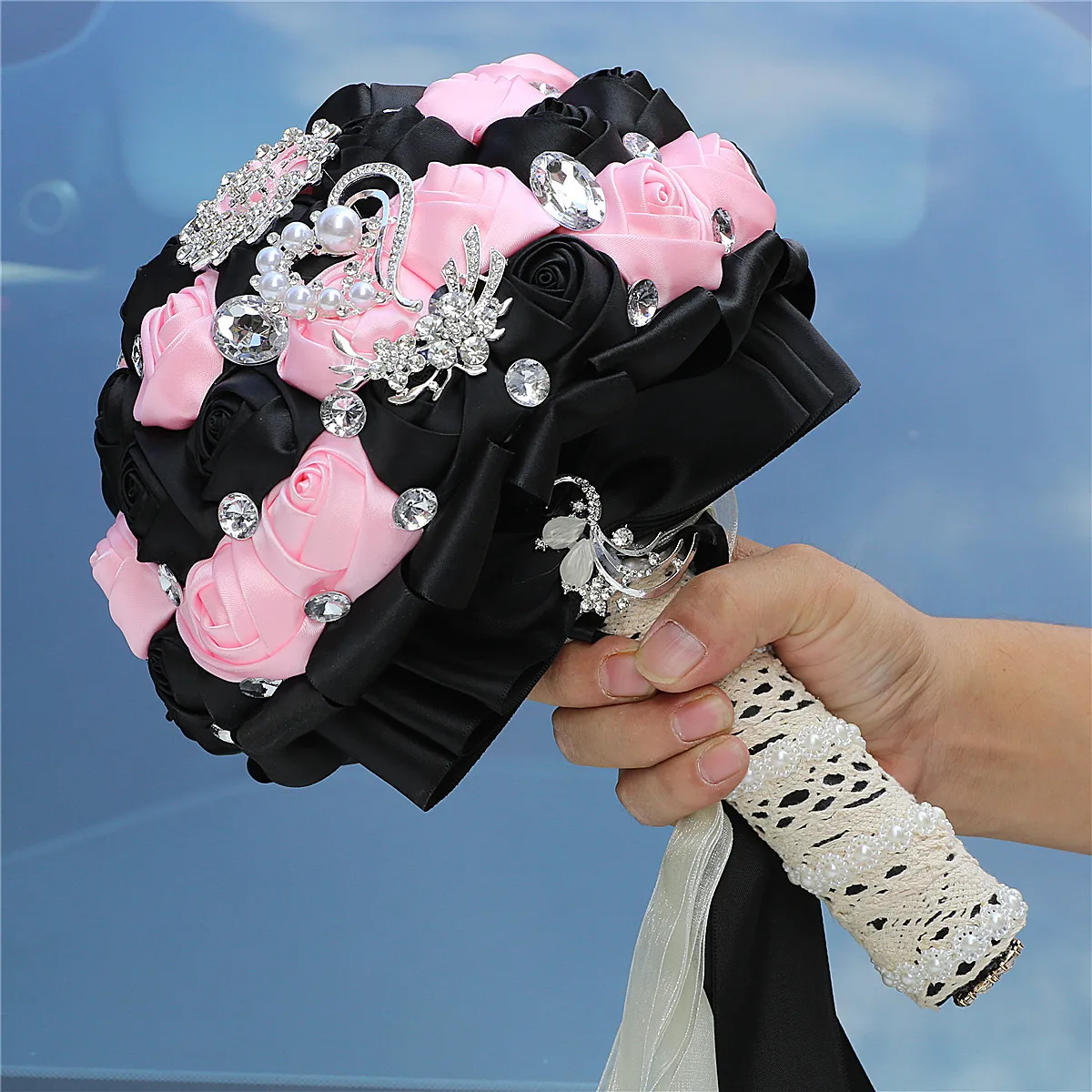 

Pink and Black Wedding Bouquet Bridesmaid Holding Flowers