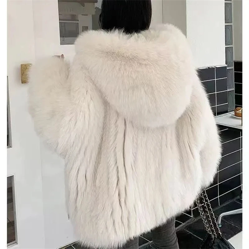 Hooded Winter Faux Fox Fur Jacket Thicken Luxury Furry Coats Warm Korean Jaqueta Feminina Loose High Quality Plush Chaquetas