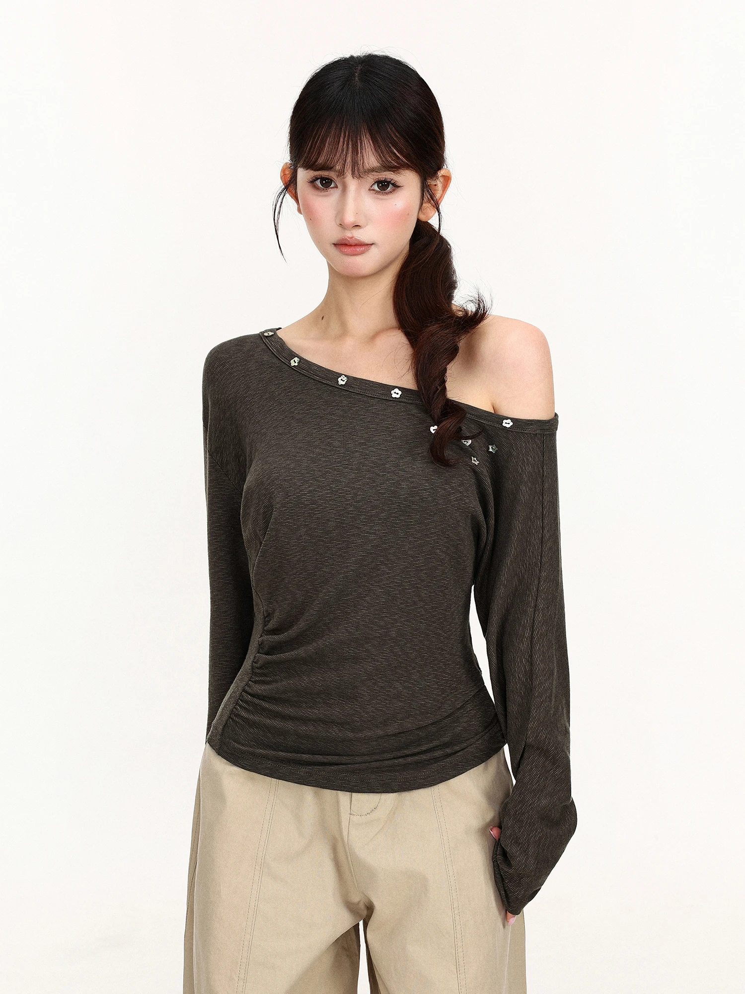 Slim Fit Long Sleeve T-Shirt Women's Shoulder Design Thin Style Summer Slimming Sun Protection Base Shirt Casual Cotton Blend