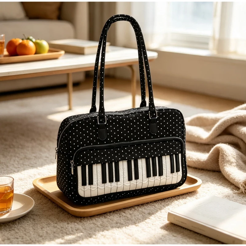  Polka Dot Piano Key Schultertasche, Damen Bowling Nylon Handtasche, Y2k Teenager Mädchen Große Kapazität Pendel- und Reisetasche, Süße Niedliche Tragetasche – Detail 5