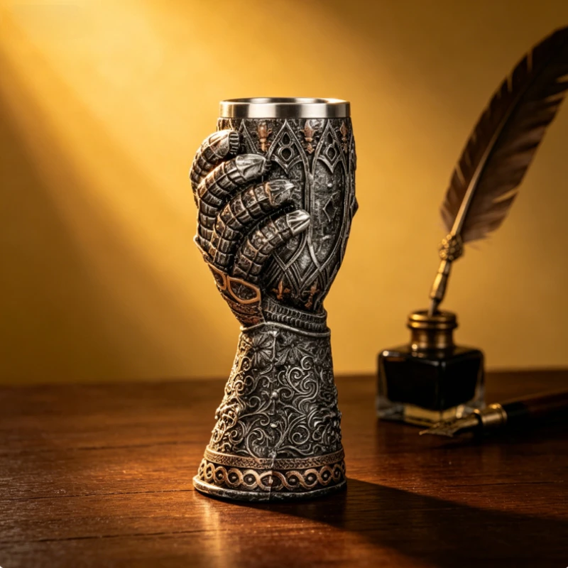 English Armoured Knight 304 Stainless Steel Tankard Stein Beer Mug with Latin Oath Design Armoured Glove Chalice Goblet Wine Gla